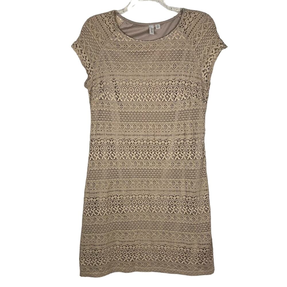 TACERA | Short Sleeve Shift Dress with Lace Overlay Beige 1X